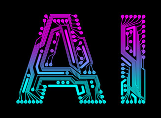 AI letters, uppercase, no outline, stylized to resemble circuit board pattern. Vibrant, blending shades of purple and blue, set against black background. Artificial Intelligence Concept.