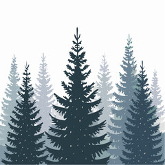 silhouettes of fir trees are set against a background of coniferous spruce pattern