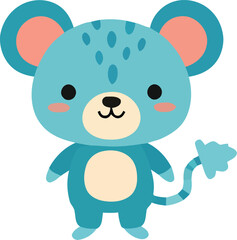 Cartoon Blue Mouse with Spotted Head and Segmented Tail Standing Upright.