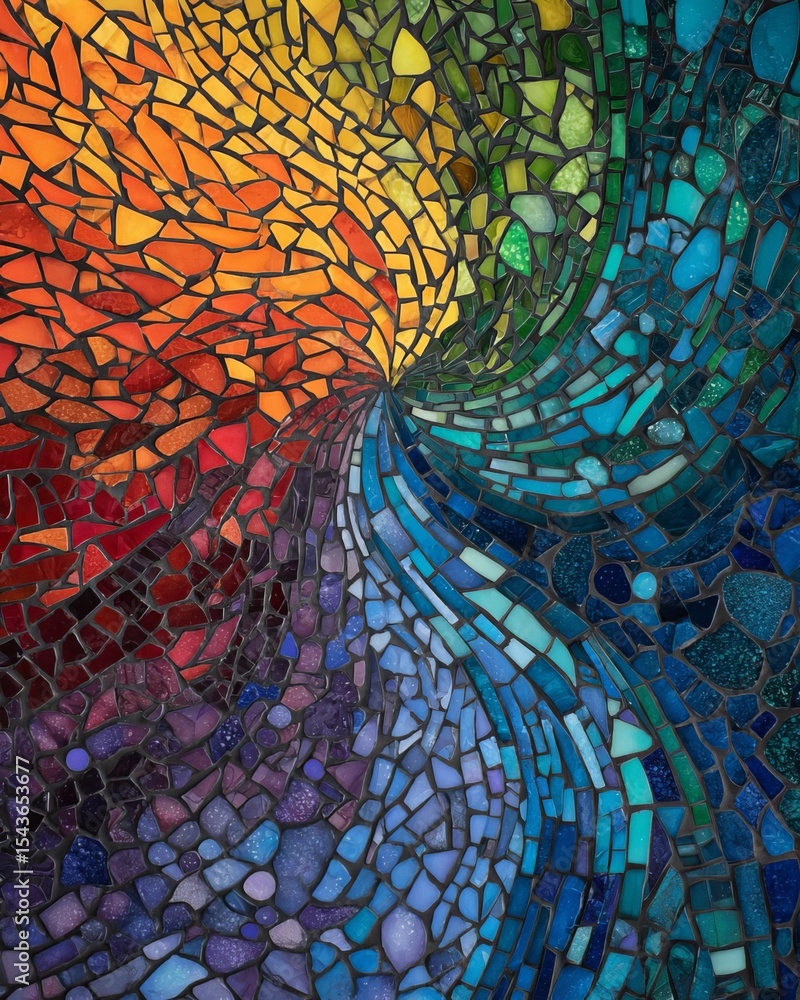 Poster a vibrant mosaic pattern blending colors in an abstract design.