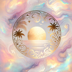 Rainbow pearlescent background with round golden pattern of sunset on the coast with palm trees
