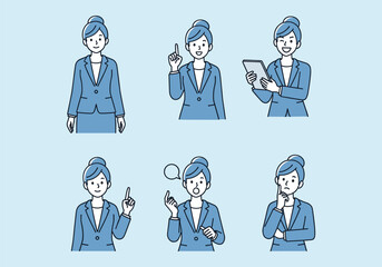 Professional Businesswoman with Ideas, Tablet, and Various Expressions. Hand drawn style vector design illustrations.