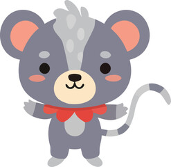 Cartoon Gray Mouse with Red Bowtie and Striped Tail Standing Upright.