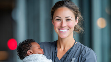 Smiling healthcare professional holding a sleeping infant wrapped in a soft blanket, showcasing compassion and care in a modern medical environment with gentle lighting