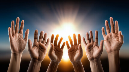 Diverse hands raised towards the sun, symbolizing hope and unity, against a vibrant sunset backdrop, representing the spirit of World Humanitarian Day and collective action for change