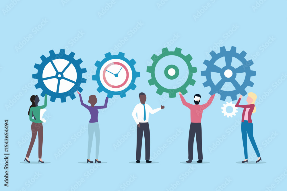 Poster diverse team lifting gears symbolizing teamwork collaboration and successful business operations