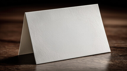 Blank white card on wooden table, showcasing textured surface and natural lighting, ideal for messages, invitations, or announcements, emphasizing simplicity and elegance
