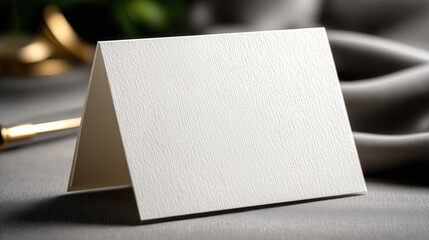 Blank greeting card on textured gray fabric, surrounded by soft drapery and elegant decor, perfect for expressing gratitude on World Humanitarian Day