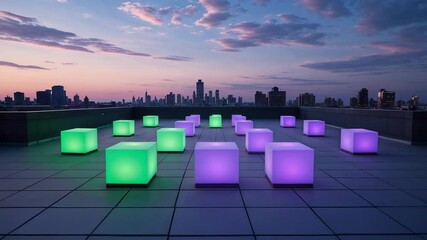 Dusk settling, LED cubes pulsing in unison on rooftop terrace, shifting green purple colors in wave - Powered by Adobe