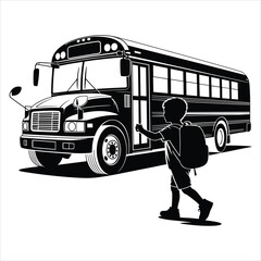 Child Boarding School Bus with Backpack on white background
