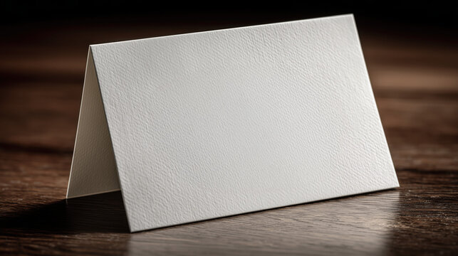 Blank white card on wooden table, showcasing textured surface and natural lighting, ideal for messages, invitations, or announcements, emphasizing simplicity and elegance
