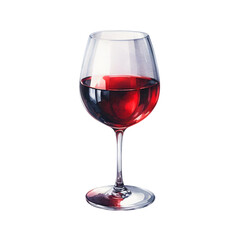 watercolor of a single wine glass filled with wine. The deep red wine glows softly within the glass.