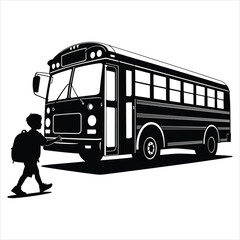 Child Boarding School Bus with Backpack on white background