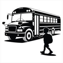 Child Boarding School Bus with Backpack on white background