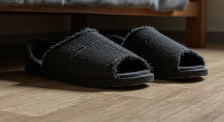 Black open toe slippers on tile floor