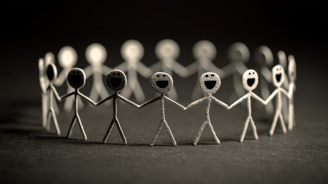 A circle of stick figures holds hands, singing together, symbolizing unity, shared faith, and collective spiritual harmony.
 - Powered by Adobe