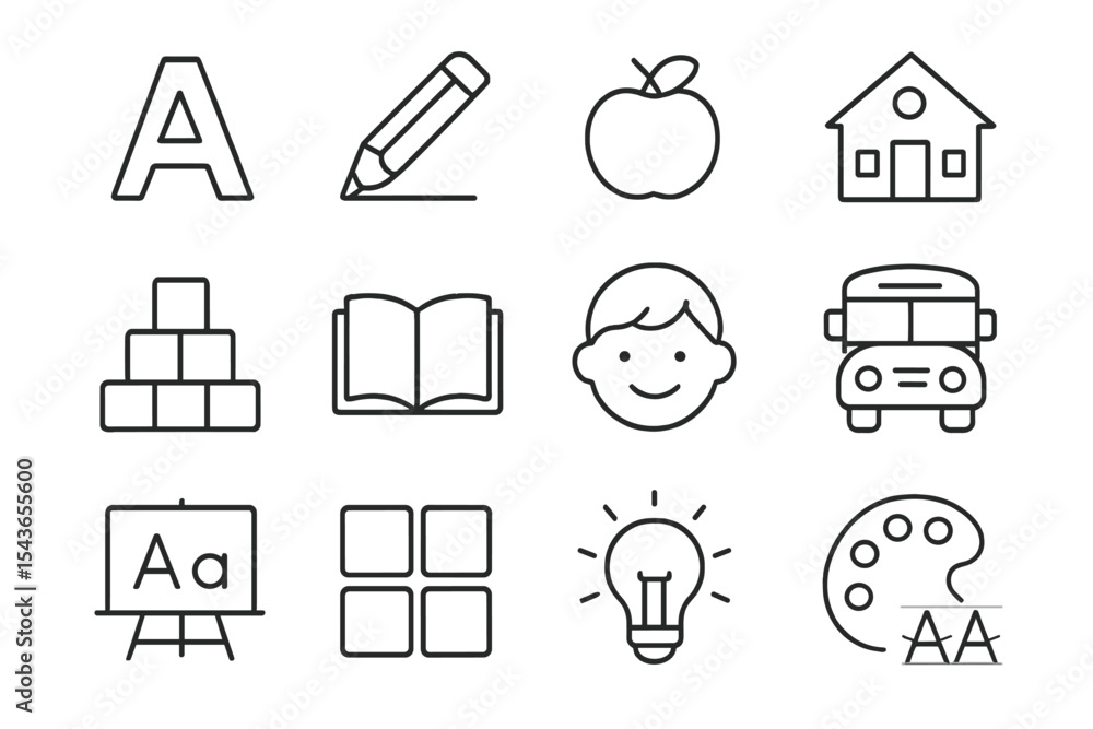 Poster educational icons showcasing elements of learning and creativity in a classroom environment