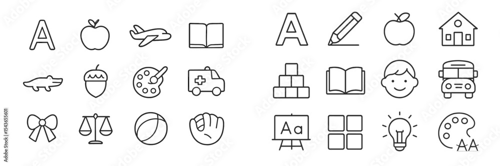 Poster Collection of simple line icons representing various elements of education, play, and creativity in a minimalist design style