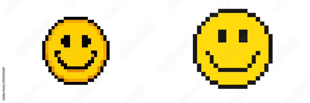 Poster comparison of classic pixelated smiley face and modern smooth smiley face design in digital art