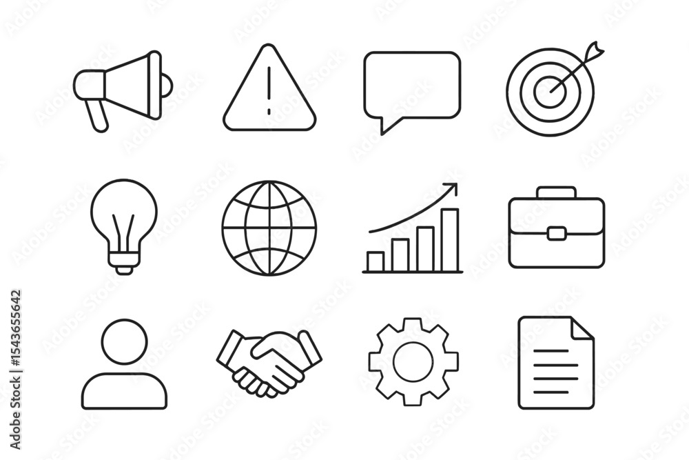 Aufkleber graphics illustrating various business and communication concepts in a modern design