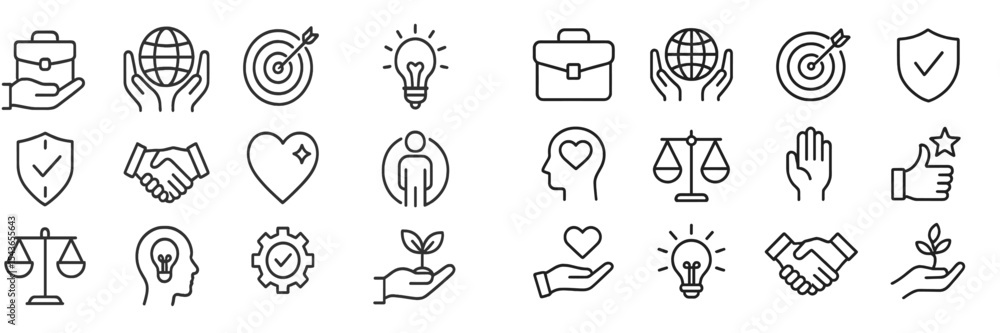 Poster diverse collection of line icons representing business, goals, teamwork, and ethics in a modern styl