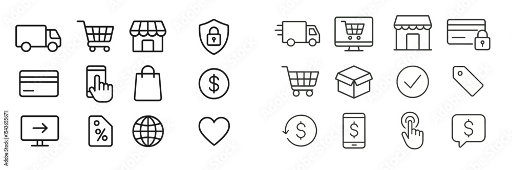 Aufkleber collection of minimalist icons representing various aspects of online shopping and e-commerce system