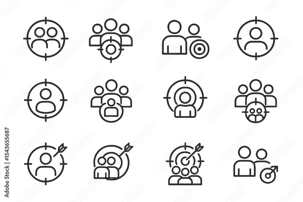 Poster set of simple line icons depicting target audience analysis and group identification in market resea