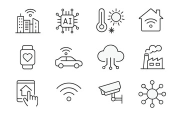 Obraz na płótnie Canvas Modern technology icons representing smart city innovations in various sectors including health, climate, and security