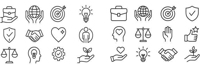 Diverse collection of line icons representing business, goals, teamwork, and ethics in a modern style on a simple background