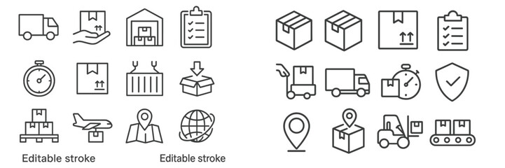 Line icons representing logistics, delivery, storage, and shipment activities in a modern design format