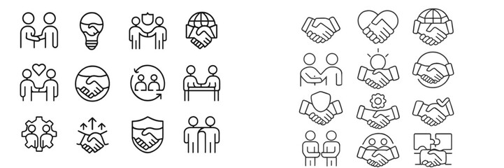 Fototapeta premium Diverse handshake icons representing collaboration, partnership, and teamwork in various contexts