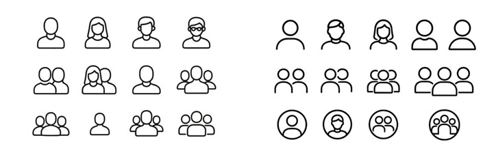 Collection of diverse line icons representing different groups and individual people in various arrangements