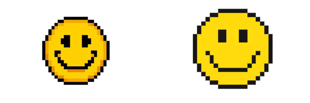 Comparison of classic pixelated smiley face and modern smooth smiley face design in digital art