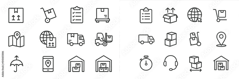 Poster collection of logistics icons representing shipping, tracking, and delivery processes in a clear des