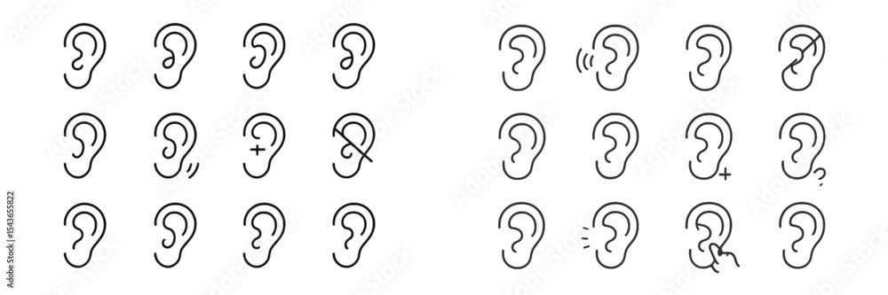 Poster illustrations showing various ear designs and hearing-related symbols depicting listening and commun
