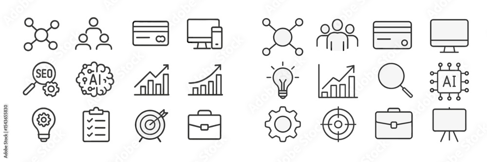 Poster Collection of business and technology icons illustrating concepts like AI, SEO, and growth patterns in a minimalistic style