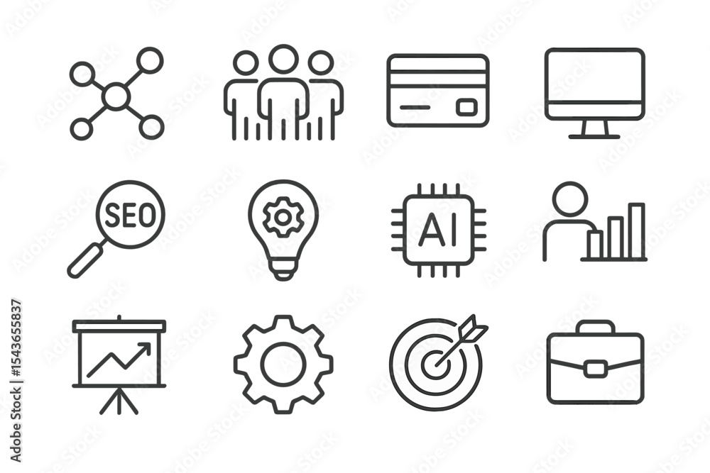 Aufkleber Visual representation of digital marketing concepts including SEO, AI, and data analysis in a simple layout
