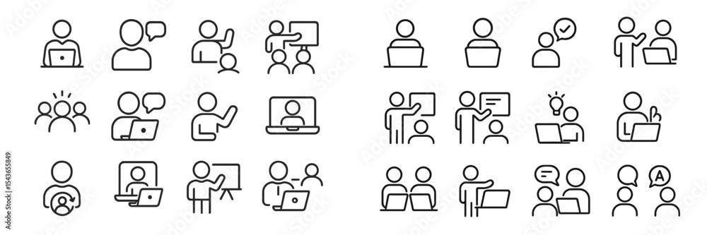 Poster Visual representations of various workplace activities and interactions in a simple line art style