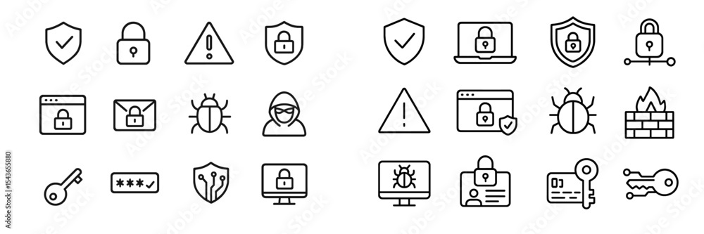Poster various icons representing cybersecurity concepts in a minimalist design showcasing protection and s