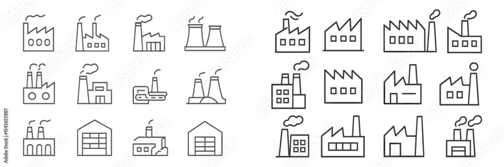 Poster Various factory and industrial building outlines displayed in a simple, monochrome style showcasing different shapes and structures