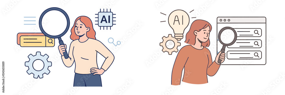 Poster Technology enthusiast explores artificial intelligence advancements with a magnifying glass and gears in a modern workspace setting