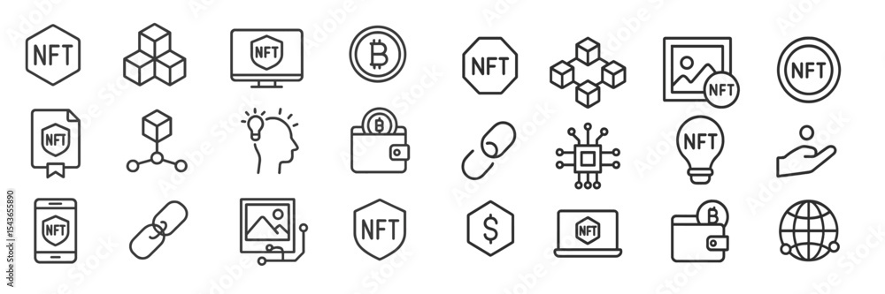 Poster variety of nfts symbols and icons representing digital assets in a modern design