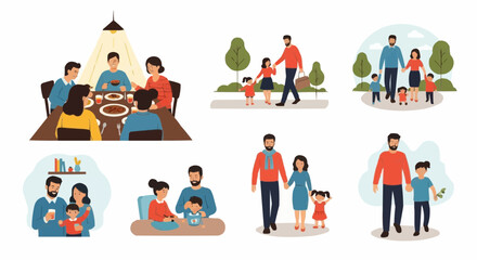 Fun icon set illustration of a family group of people and children in a circle in the park at night