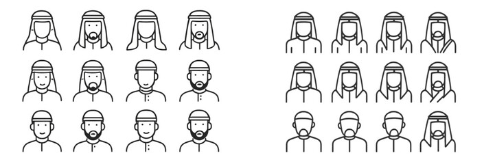 Obraz premium Diverse group of stylized male figures wearing traditional headwear and varying facial hair in a simple design