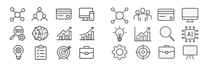 Icons depicting digital marketing, analytics, and artificial intelligence concepts in a modern design for professional use