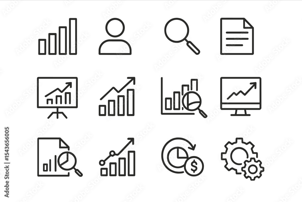 Poster icons representing business analytics, growth tracking, and data visualization concepts in a minimal