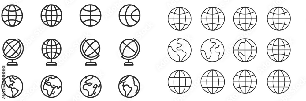 Poster different styles of globe illustrations displayed on a white background, showcasing various designs 