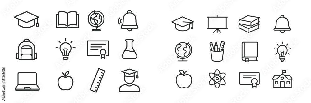 Poster collection of educational icons representing various subjects and tools for learning