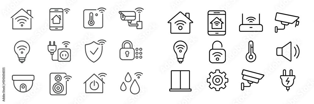 Poster smart home technology icons showcasing security, lighting, and temperature control in a connected en
