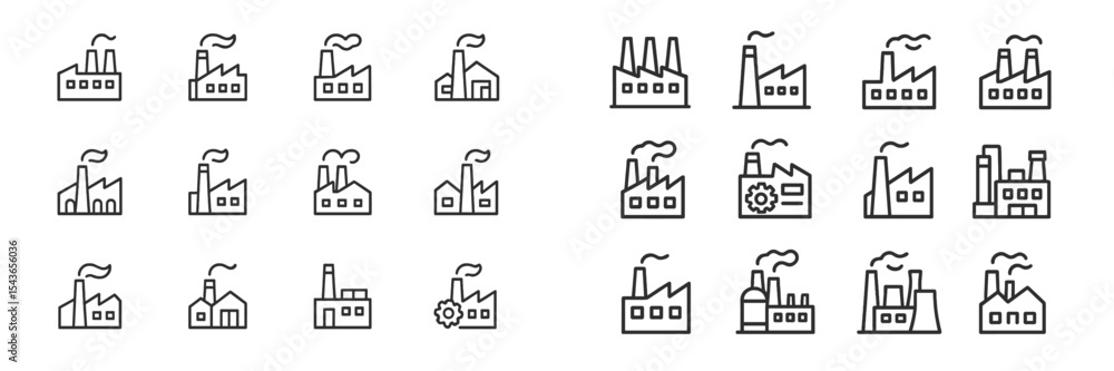 Poster various industrial building icons representing factories and manufacturing facilities in simple line
